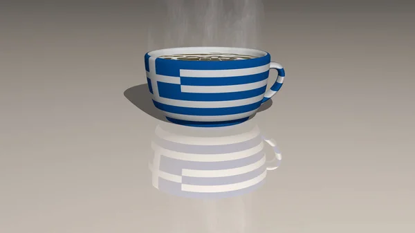 Bandera Nacional Grecia Colocada Una Taza Café Caliente Reflejada Suelo — Foto de Stock