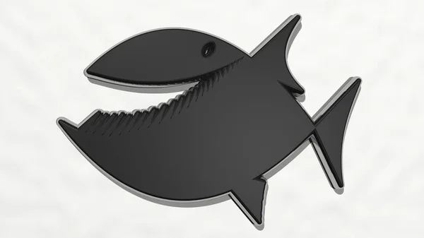 Fisch Der Wand Illustration Einer Metallischen Skulptur Auf Weißem Hintergrund — Stockfoto