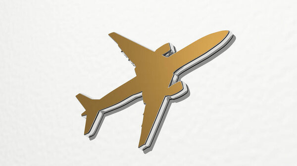 AEROPLANE from a perspect on the wall. Толстая скульптура из металлических материалов 3D рендеринга. самолет и самолет