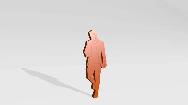 man on the wall. 3D illustration of metallic sculpture over a white background with mild texture