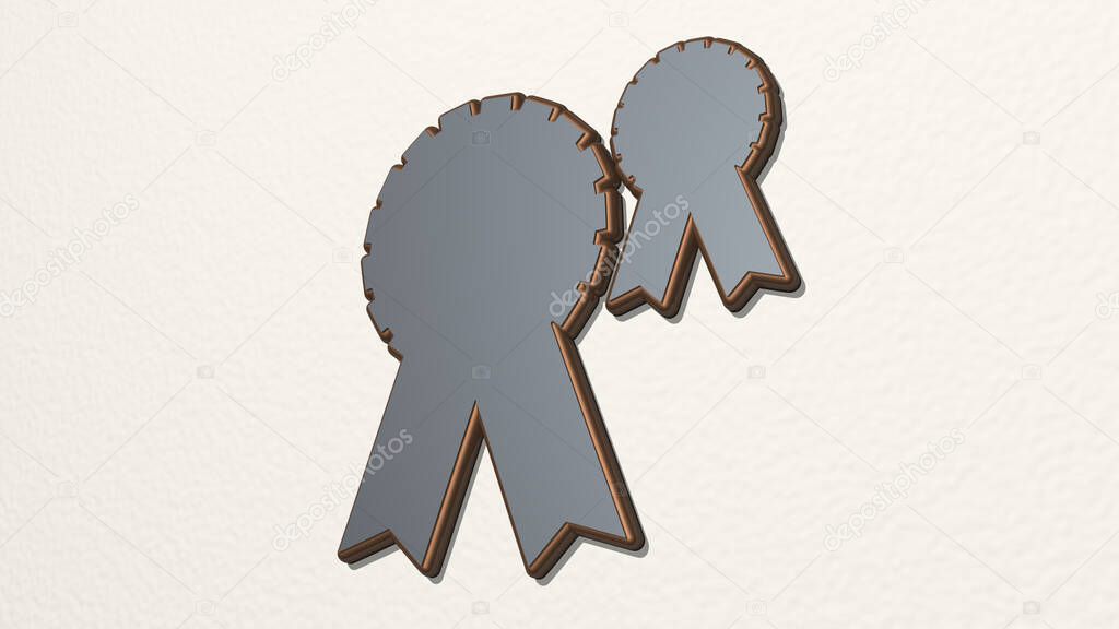 award ribbons on the wall. 3D illustration of metallic sculpture over a white background with mild texture. design and icon