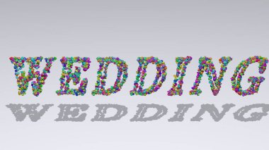 Beyaz arkaplan ve eşleşen gölgeler üzerinde küçük nesnelerle DÜNYA metninin renkli 3D yazımı. illüstrasyon ve kart