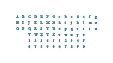 Üç boyutlu alfabe ve numaralar beyaz arkaplanda ayrıntılı hat yazısı olan sözcükler oluşturmak için her iki tarafa da uygun perspektiflere sahipler.