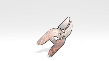 Bahçıvanlık Makasları, ışık arka planında parlayan metalik bir heykel gölgesinin 3 boyutlu bir illüstrasyonuyla yapıldı. yeşil ve tarım