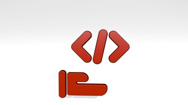 Program Bekleme Kodu gölgeli duruyor. Metalik heykelin beyaz arka planda, yumuşak desenli üç boyutlu çizimi. bilgisayar ve kodlama