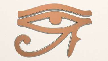 Duvarda Mısır gözü var. Metalik heykelin beyaz arka planda, yumuşak desenli üç boyutlu çizimi. Antik ve Afrika
