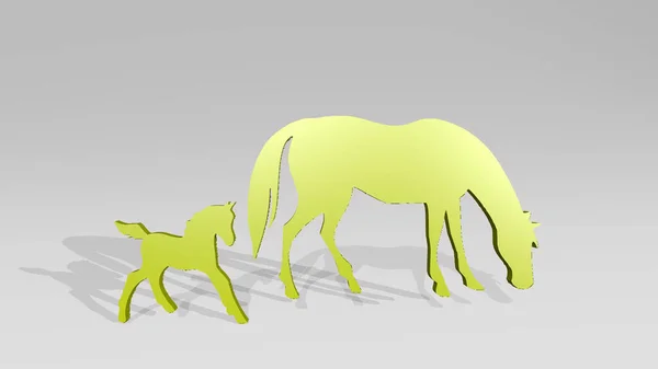 Horse Com Baby Parede Ilustração Escultura Metálica Sobre Fundo Branco — Fotografia de Stock