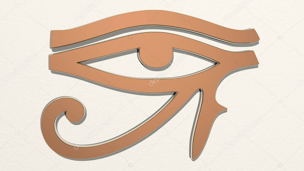Egyptian eye on the wall. 3D illustration of metallic sculpture over a white background with mild texture. ancient and africa