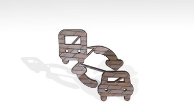 TRANSPORTATION TICKET Otomobil TRANSFER Otobüsü, ışık arka planında parlayan metalik bir heykelin gölgesini gösteren 3 boyutlu bir illüstrasyonla yapıldı. simge ve seyahat