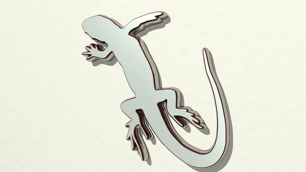 LIZARD on the wall. 3D illustration of metallic sculpture over a white background with mild texture. animal and green