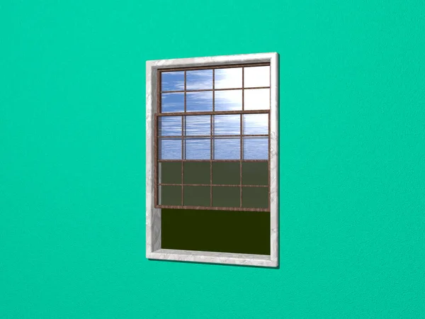 3D illustration of sash window opened to green lawn and cloudy blue sky from medium spring green wall. stone and wood materials. background and black