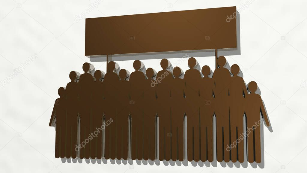 CROWD OF PEOPLE WITH BANNER made by 3D illustration of a shiny metallic sculpture on a wall with light background. editorial and city