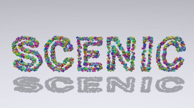 Renkli küçük nesnelerin beyaz arkaplana gölge düşürmesi ile üç boyutlu illüstrasyonla yazılmıştır. manzara ve manzara