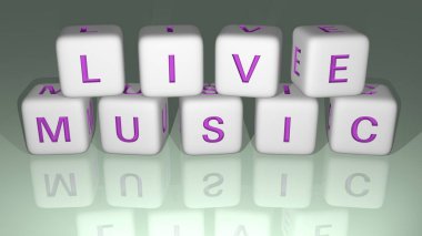 Ayna zemininde kübik harflerle düzenlenmiş alfabetik canlı müzik, konsept anlamı ve 3 boyutlu perspektifte sunum. Resim ve arkaplan