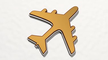 AEROPLANE, parlak arkaplanlı bir duvarda parlayan metalik bir heykelin 3 boyutlu çizimi ile yapıldı. uçak ve uçak