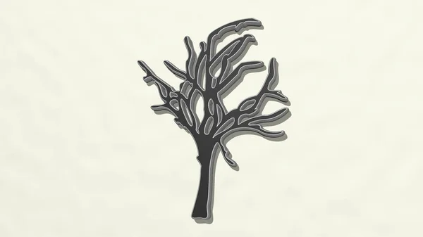 Tree Made Illustration Einer Glänzenden Metallischen Skulptur Auf Einer Wand — Stockfoto