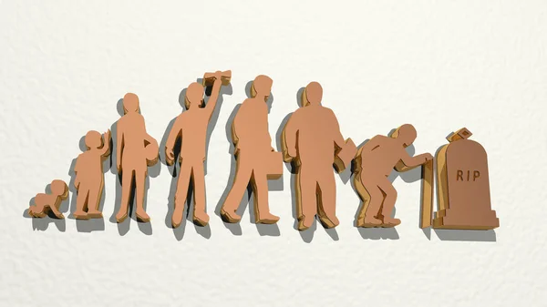 EVOLUTION OF HUMAN FROM BIRTH TO DEATH from a perspective on the wall. A thick sculpture made of metallic materials of 3D rendering. illustration and background