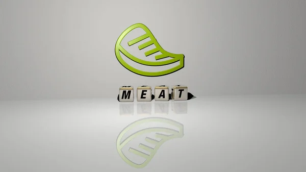 3D representation of MEAT with icon on the wall and text arranged by metallic cubic letters on a mirror floor for concept meaning and slideshow presentation. food and background