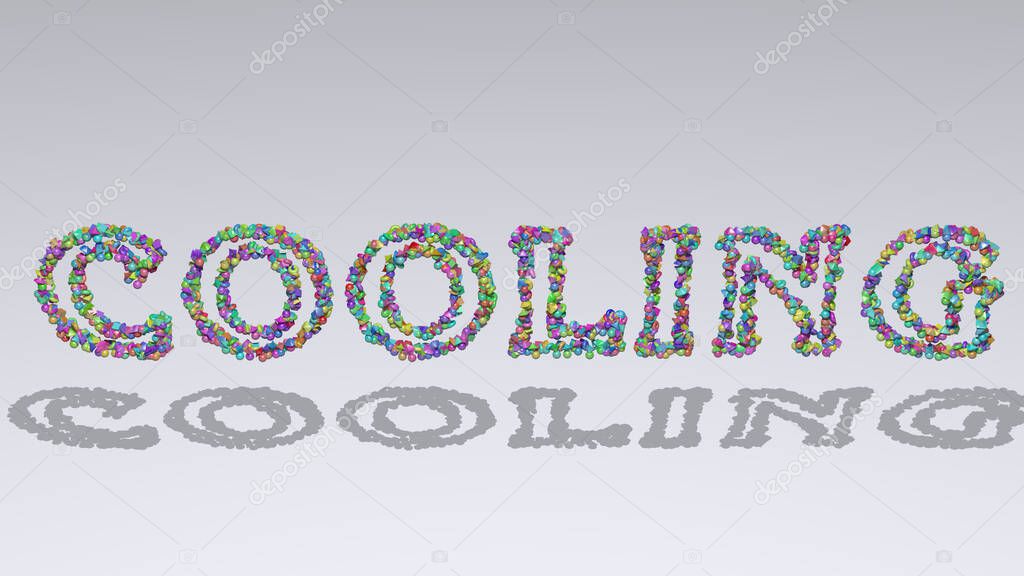 cooling written in 3D illustration by colorful small objects casting shadow on a white background. air and conditioner