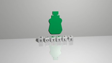 Şişenin dikey olarak üç boyutlu grafiksel görüntüsü ve üst perspektiften metalik kübik harflerle oluşturulan metinler, konsept sunum ve slayt gösterileri için mükemmel. arkaplan ve resimleme
