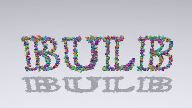 BulLB: Gölgeli beyaz arkaplan üzerinde küçük nesnelerden yapılmış metnin üç boyutlu çizimi. ışık ve konsept