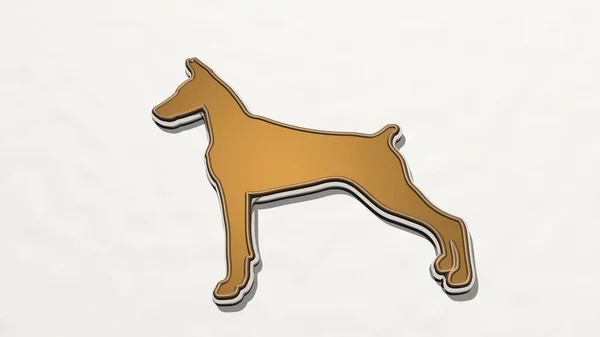 犬を壁から見ると 3Dレンダリングの金属材料で作られた厚い彫刻 動物でかわいい — ストック写真