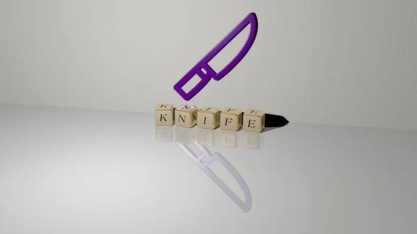 Knife的3D表示 其图标在墙上 文字用金属立方体字母排列在镜面 用于概念意义和幻灯片演示 背景和说明 — 图库照片