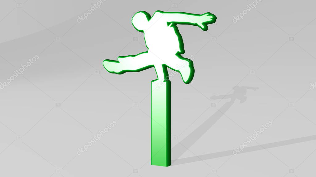 BOY JUMPING AND DOING PARKOUR from a perspective with the shadow. A thick sculpture made of metallic materials of 3D rendering. child and illustration