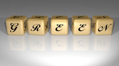 Duvarında ikon olan GREEN 'in 3 boyutlu temsili ve kavram ve slayt gösterisi sunumu için ayna zemininde metalik kübik harflerle düzenlenmiş metin. arkaplan ve resimleme