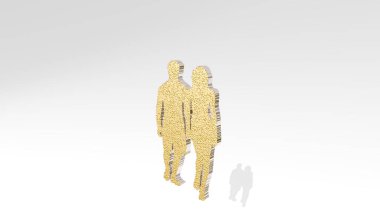 Erkek ve kadın el ele yürüyorlar duvarda. Metalik heykelin beyaz arka planda, yumuşak desenli üç boyutlu çizimi. güzel ve genç