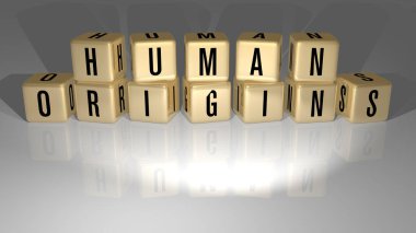 Konsept ve sunumların ilgili anlamları için metalik zar harfleri tarafından yapılan insan kökenli grafikler ve metinlerin 3 boyutlu çizimi. arkaplan ve simge