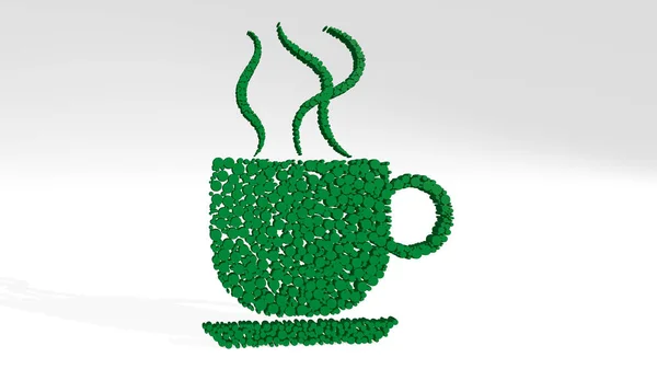 cup of smoking hot coffee from a perspective with the shadow. A thick sculpture made of metallic materials of 3D rendering. background and illustration