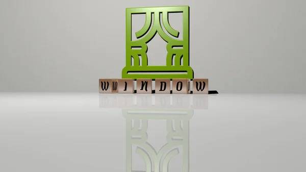 3D illustration of window graphics and text made by metallic dice letters for the related meanings of the concept and presentations. background and architecture