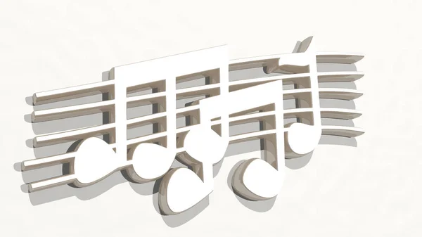 Notas Músicas Realizadas Mediante Ilustración Una Escultura Metálica Brillante Una — Foto de Stock