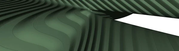 DARK SEA GREEN 'in geometrik şeklinin, doğrudan ışık yansıması olan kıvrımlı ve ışıltılı bir yüzey olarak soyut bir arkaplan üzerindeki ultra geniş üç boyutlu çizimi. siyah ve mavi