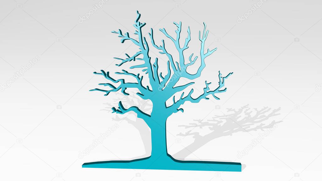 Tree from a perspective with the shadow. A thick sculpture made of metallic materials of 3D rendering. background and christmas