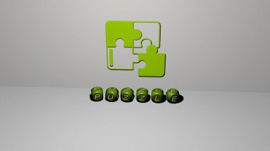 PUZZZLE 'nin 3 boyutlu temsili, duvarında simge ve ayna zemininde metalik kübik harflerle konsept ve slayt gösterisi sunumu için düzenlenmiş metin. Resim ve arkaplan