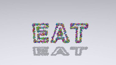 Gölgeli beyaz bir arkaplan üzerinde küçük nesnelerden yapılmış metnin üç boyutlu çizimi. Yiyecek ve içecekler