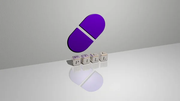 3D representation of pill with icon on the wall and text arranged by metallic cubic letters on a mirror floor for concept meaning and slideshow presentation. medicine and illustration