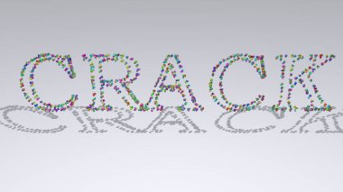 Beyaz arkaplan ve eşleşen gölgeler üzerinde küçük nesnelerle çatlak metnin renkli 3D yazımı. soyut ve dokulu