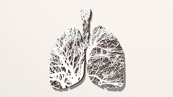 Menneskelige Lung Fildt Med Trees Væggen Illustration Metallisk Skulptur Hvid - Stock-foto