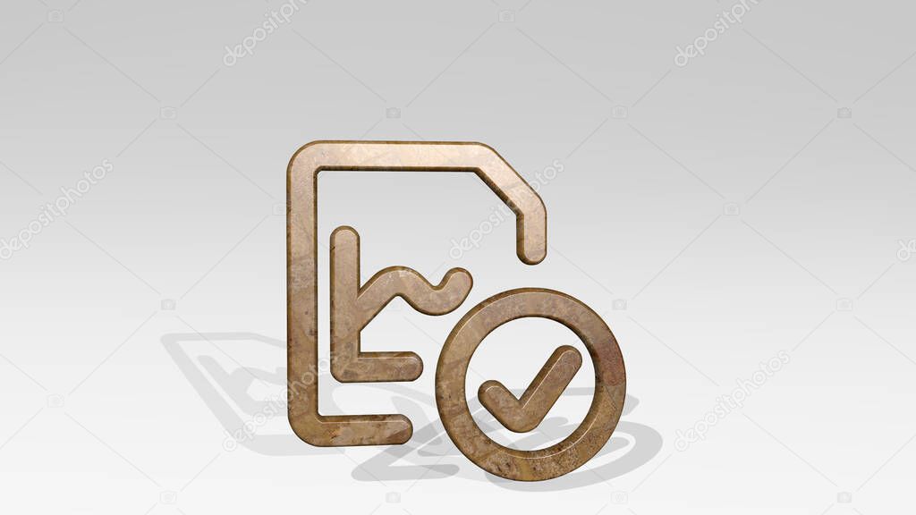 DATA FILE CHECK made by 3D illustration of a shiny metallic sculpture casting shadow on light background. business and concept