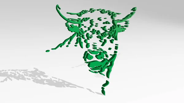 Rozzlobený Portrét Krávy Vytvořený Ilustrací Lesklé Kovové Sochy Stínem Světlém — Stock fotografie