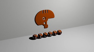 Miğfer grafiklerinin 3 boyutlu çizimi ve konsept ve sunumların ilgili anlamları için metalik zar harflerinin oluşturduğu metin. arkaplan ve yapı