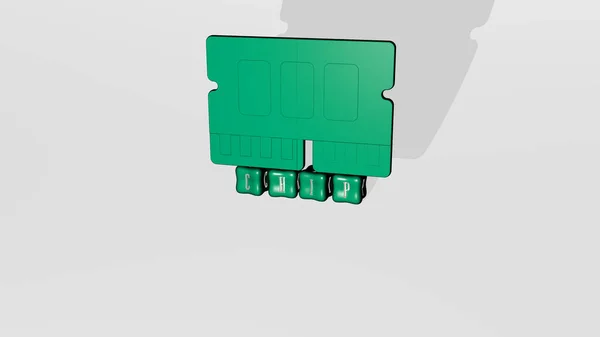 コンセプトとプレゼンテーションの関連する意味のための金属ダイス文字によって作られたチップグラフィックスとテキストの3Dイラスト 背景とコンピューター — ストック写真