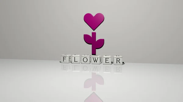 3D illustration of flower graphics and text made by metallic dice letters for the related meanings of the concept and presentations. background and beautiful