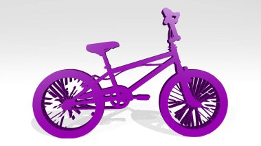 Işık arka planında gölgesi olan parlak metalik bir heykelin 3 boyutlu çizimi ile yapılmış bir bisiklet. motor ve şehir