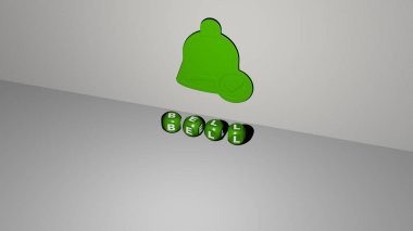 Duvarında ikon olan BELL 'in 3 boyutlu temsili ve ayna zemininde konsept ve slayt gösterisi sunumu için metalik kübik harflerle düzenlenmiş metin. kilise ve geçmiş