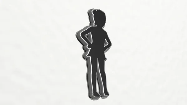 Girl Standing Parede Ilustração Escultura Metálica Sobre Fundo Branco Com — Fotografia de Stock