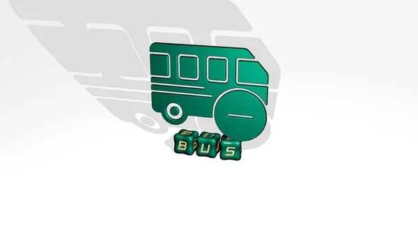 Graficzny Obraz Autobusu Pionowo Wraz Tekstem Budowanym Metalicznymi Literami Sześciennymi — Zdjęcie stockowe
